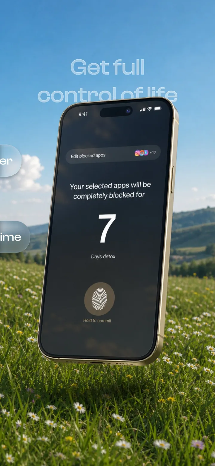 Detox commitment flow showing selected apps, a 7-day reset, and hold to commit